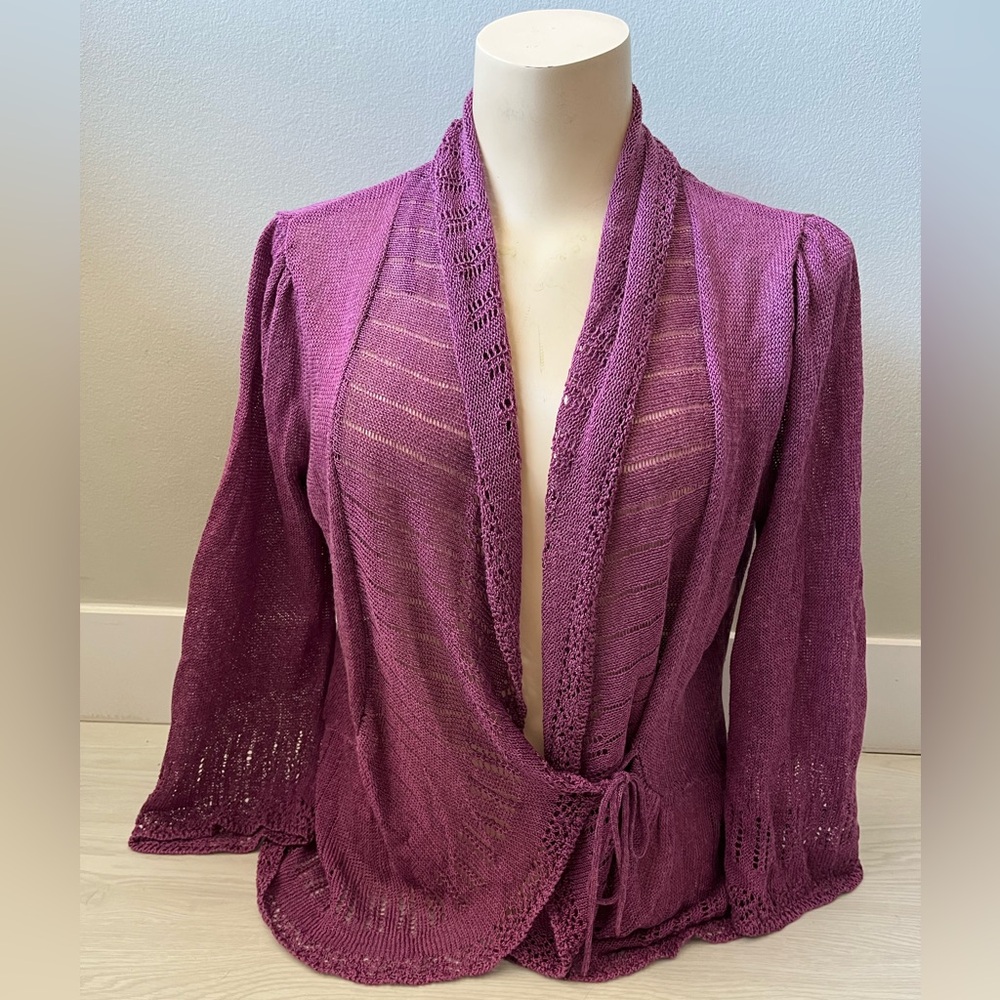 Linen Mexx Knit Open-Front Wrap Cardigan in Rich Plum Purple size XL
